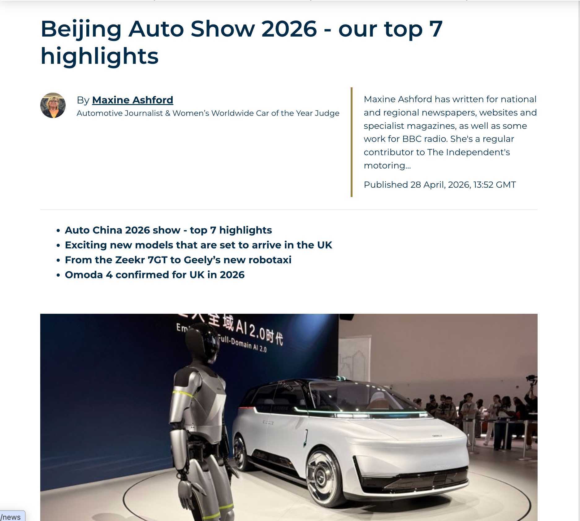 2026 Pekin Otomobil Fuarı'nın öne çıkan teknolojik gelişmelerini, otonom araç konseptlerini ve OMODA 4 modelinin global pazardaki yükselişini konu alan uluslararası otomotiv basını haberi.